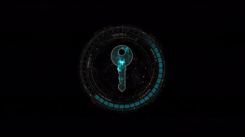 Blue digital security key logo and circle futuristic HUD elements