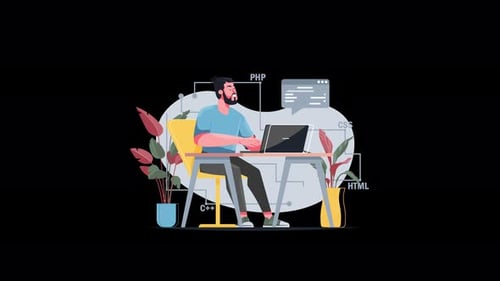 Young man programming with plants background in a modern workspace