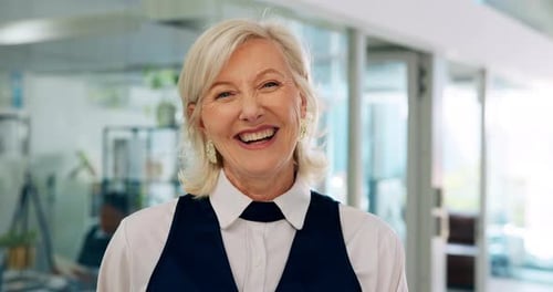 Business, mature woman and happy with laughing in office for corporate joke