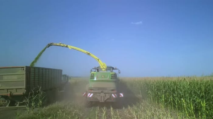 Agricultural Machine Harvesting Corn Crops on Sunny Day, Industrial ...