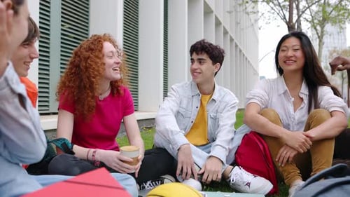 Happy Group of Multiracial Students Sitting on the Grass at College Campus