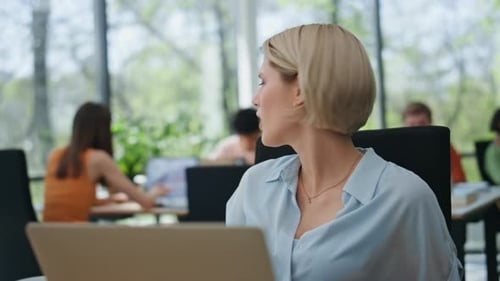 Confused Lady Asking Colleagues Laptop Close Up Sad Team Reacting Negative Work