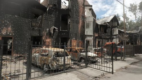 Burnt Houses and Cars As a Result of Artillery or Rocket Fire By the Russian Army in the Kiev Region
