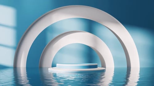 Modern 3D Podium Display with Arches and Reflective Water