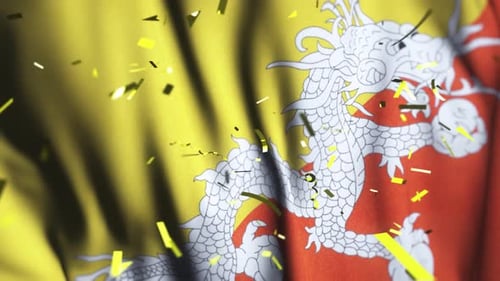 Drapeau du Bhoutan, confettis, agitant le jour de l'indépendance, fond, 4k