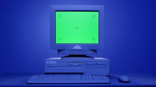 Retro Pc with Chroma Key Green Screen Old Computer Studio Closeup Desktop Vintage Retro Wave Display