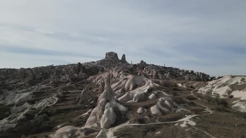 Surreal Nature Landscape Near Göreme In Cappadocia Region Of Central Turkey. Aerial Sideways