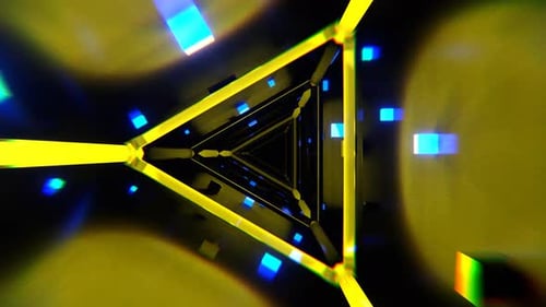 Blue And Yellow Abstract Triangular Corridor With Shimmering Cubes Background Vj Loop I 4K