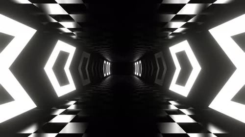 Reverse Tunnel With White Neon Direction Arrows In 4K