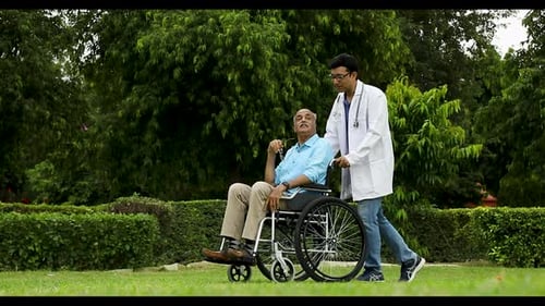 Video of elderly man on wheelchair with caregiver doctor walking in park