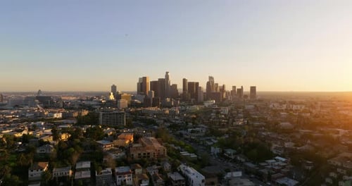 Los Angeles downtown view on cinematic sunset.