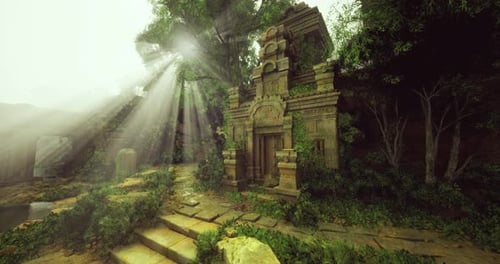 Ancient Temple Ruins Surrounded By Lush Greenery and Soft Sunlight