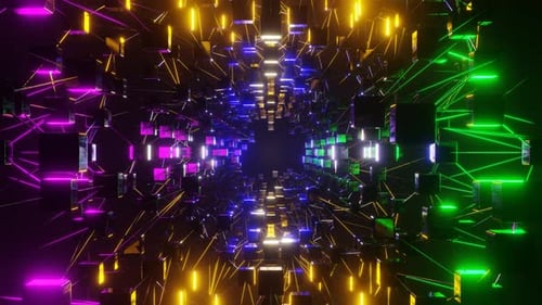 Abstract Animation Color Tunnel Reflective Cube Blocks and Lines in Neon Color Light on Black
