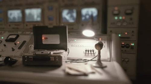 Magnétophone vintage tournant dans une salle de contrôle rétro