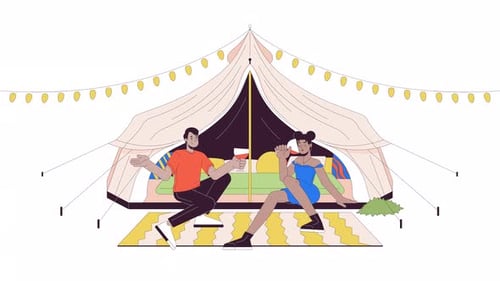 Animation de personnages 2D en ligne de couples de glamping qui tintent avec des verres à vin