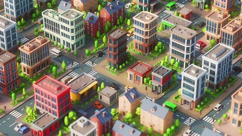Volando sobre una ciudad moderna de dibujos animados en 3D