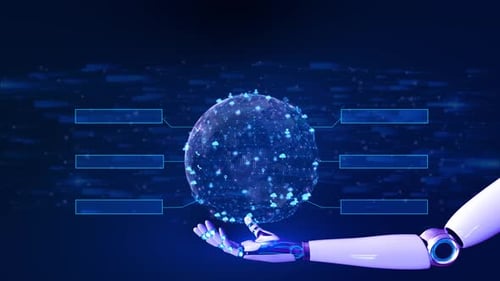 Футуристический робот, ручной цифровой глобус, интерфейс HUD, технология больших данных, фон. Технология