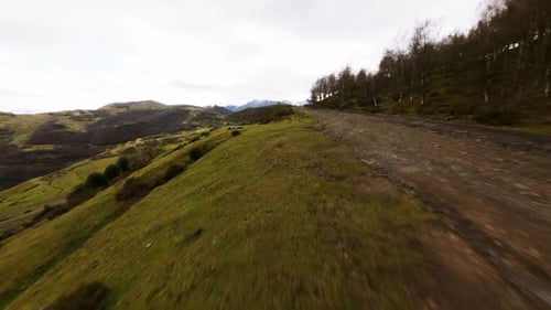 FPV Aerial Drone Landscape of Asturias Coto Bello Mountain Peaks, Trekking Path in Green Natural Adv