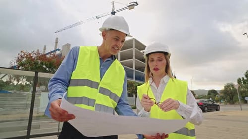 Civil Engineers Reviewing Blueprint at Construction Site