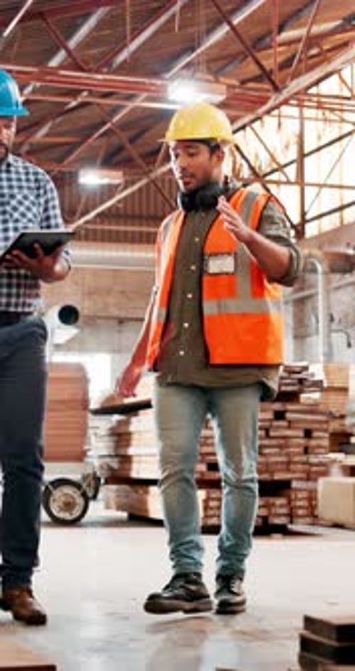 Businessmen, team or carpenter with tablet in warehouse for stock, inventory or safety inspection