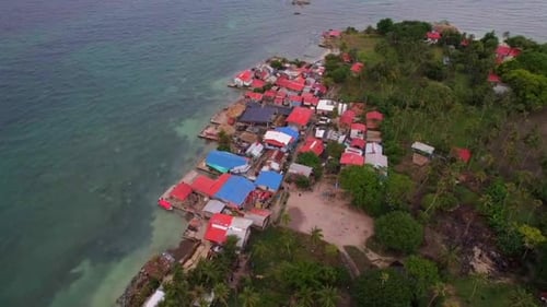 Shanty coastal village in the coast of Colombian tropical Caribbean island. Aerial