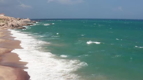Ocean Waves crushing sandy and rocky coast , Awesome Top Drone view. Sri Lanka.Indian ocean, SouthE