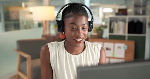 Video call, waving or black woman in office with headphones, webinar or feedback in client chat