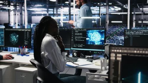 Female Technician in Data Center Answers Telephone Call Assisting Users with AI