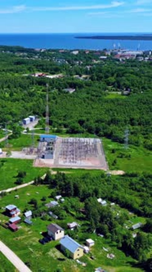 An electrical power plant filmed from the air. Vertical view