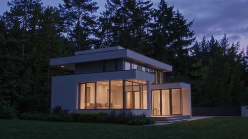 Modern House Exterior at Dusk in the Suburbs
