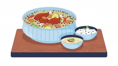 Chicken biryani with raita and shorba cartoon animation