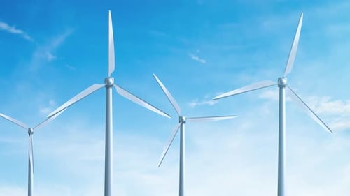 Windturbinen farmen vor wunderschönem blauem Himmelshintergrund Ökologische Energiegeneratoren auf dem Wolkenberg