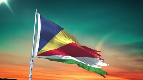 Realistic Seychelles Flag Waving Against a Sunset Sky