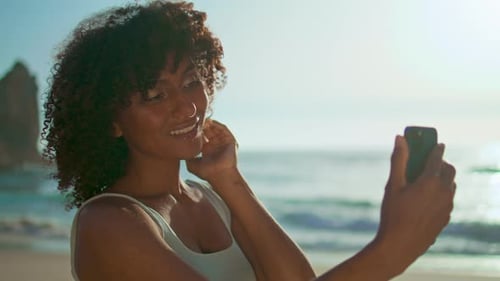 Smiling Girl Posing Smartphone Making Selfie at Beach Close Up