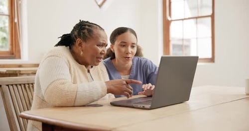 Senior woman, home and nurse with a laptop, speaking and online reading with connection