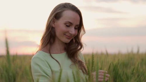 Young Woman Walks Through a Wheat Field and Inspects Wheat Ears