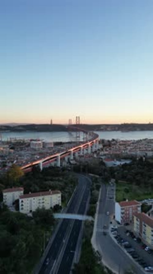 Aerial video of the city of Lisbon with the 25 April Bridge in the background. Portugal