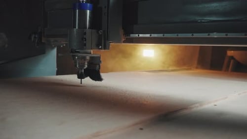 A Lathe Makes Holes in a Wooden Slab Carpentry Workshop Woodworking Cinematic Effect Dark Key