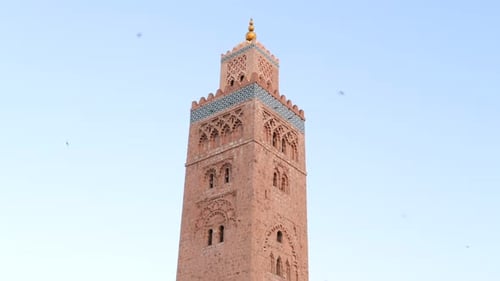 Koutoubia Mosque minaret tower with birds flying around, Marrakesh. Static, low angle