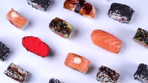 Overhead Shot of a Variety of Colorful Sushi