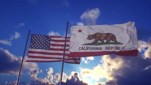 Waving American and California Republic Flags
