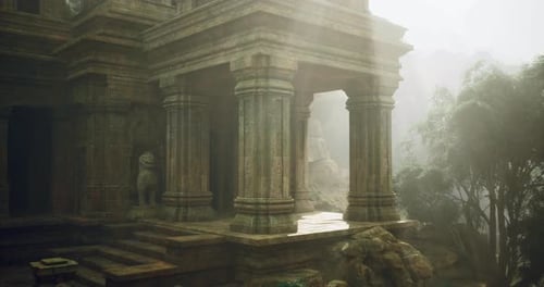 Ancient Temple Structure Surrounded By Misty Forest During Daylight
