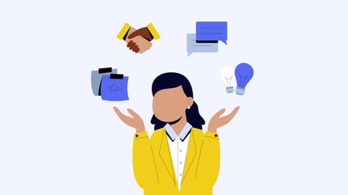 Animated Business Woman with Corporate Concept Icons