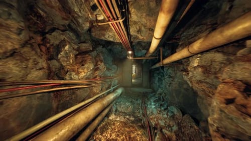 Bottlenecked Factory Conduit with Rusted Fittings and Low Lighting