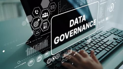 Visão geral detalhada da governança de dados com tecnologia moderna e interação com o teclado em uma versão digital