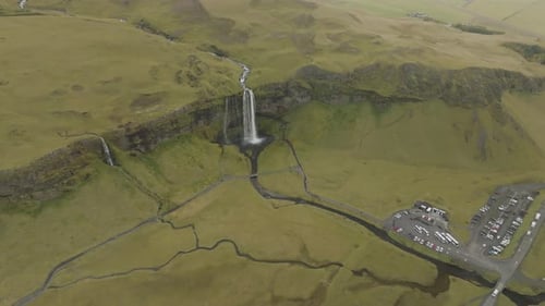 Aerial view of Seljalansfoss waterfall on the southern region of Iceland.