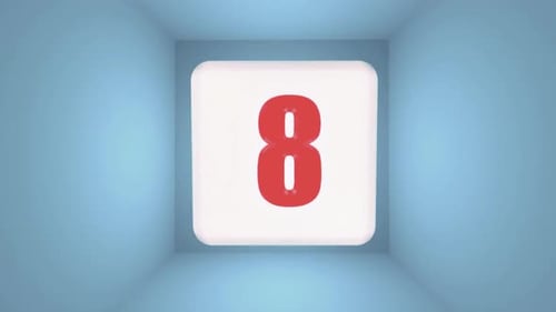Red number eight inside white cube light blue background simple design digital art clean minimalist