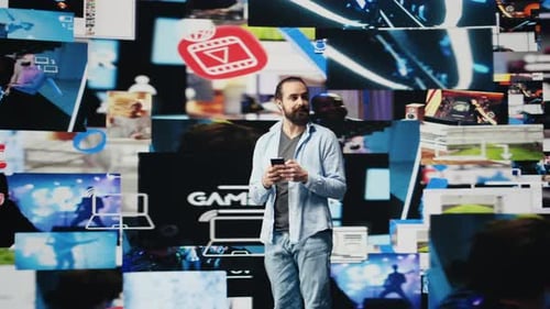 Casual Man Texting on His Phone and Enjoying Social Media Connection