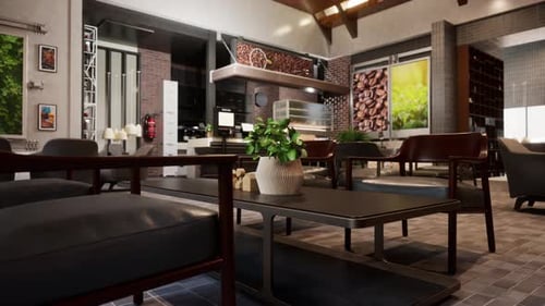 Warm and Modern Cafe Interior with Cozy Armchairs, Green Wall Panel