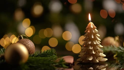 Golden Christmas Tree Candle and Ornaments